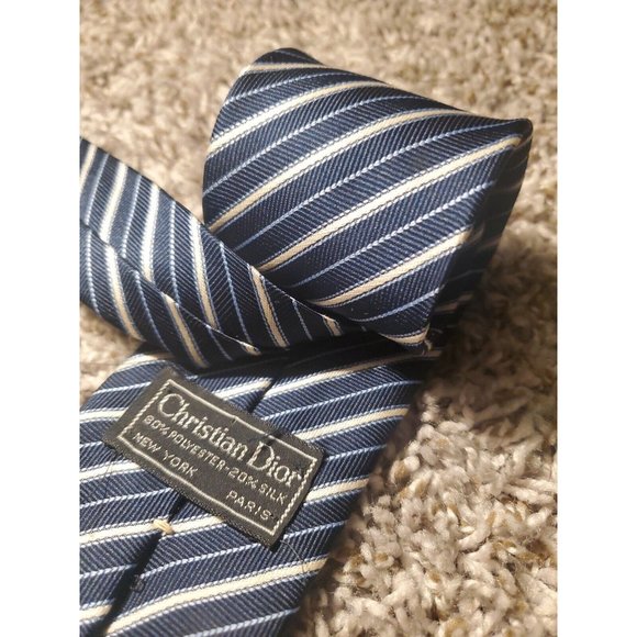 Dior Other - Christian Dior Vintage Navy Blue Stripe Polyester & Silk Blend Men’s Tie